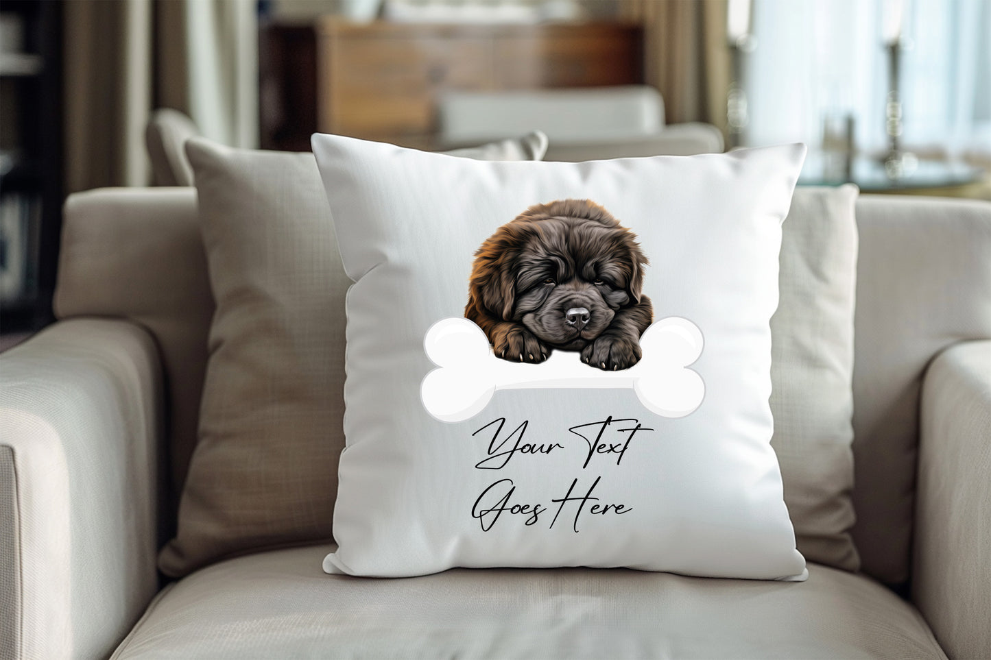 Personalised Newfoundland sleeping on a bone Pet Dog Keepsake Gift Cushion, by Floppsie Moppsie – floppsiemoppsie at floppsiemoppsie.co.uk