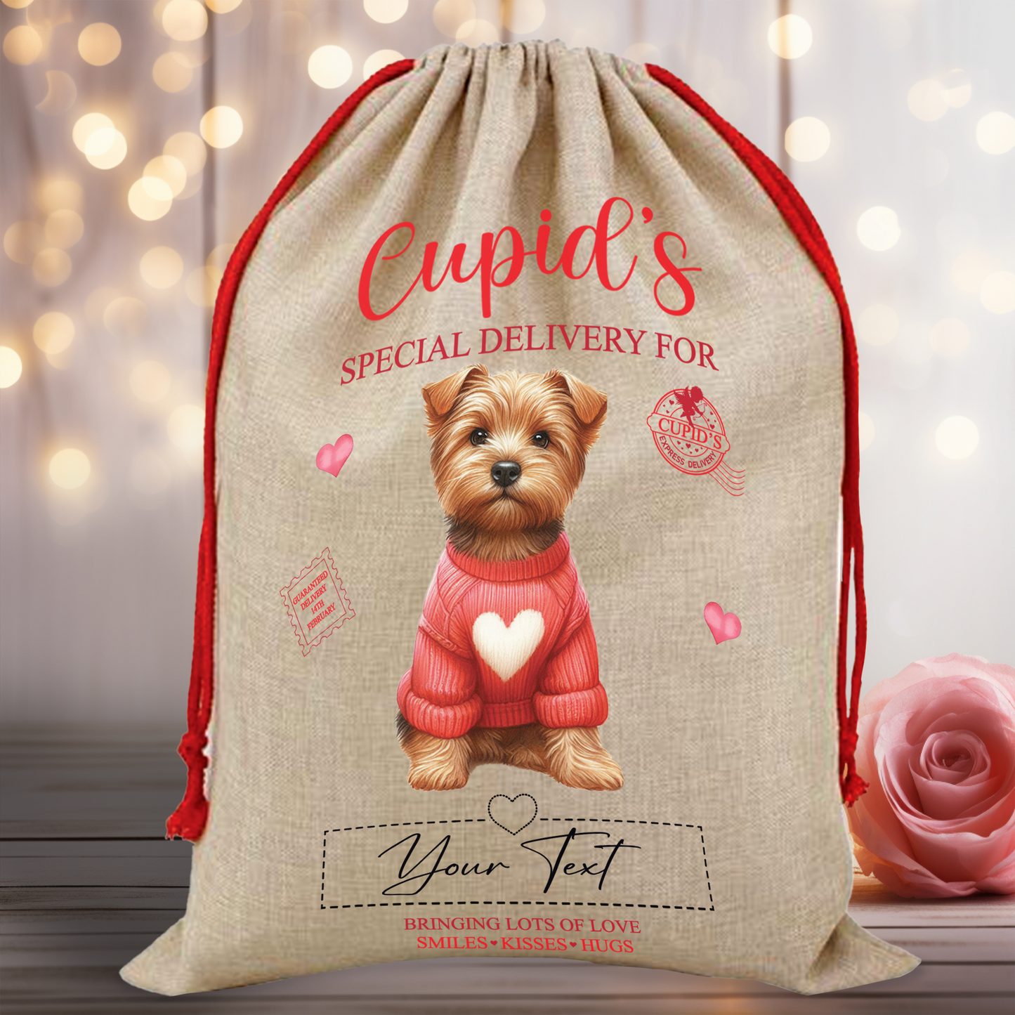 Personalised Dog Love Heart Valentine Anniversary Gift Sack - Norfolk Terrier