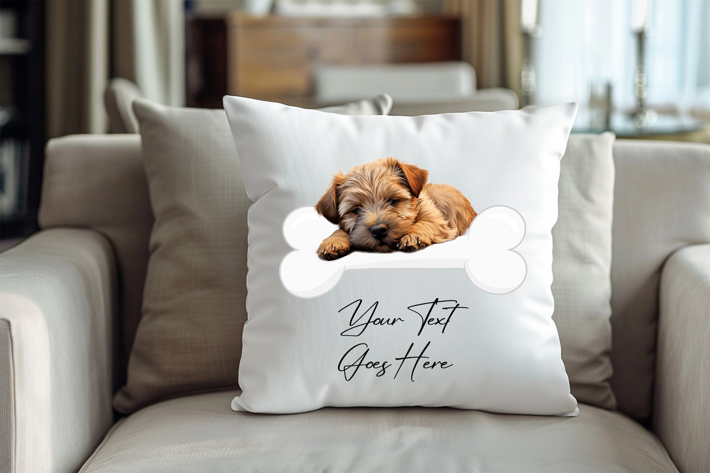 Personalised Norfolk Terrier sleeping on a bone Pet Dog Keepsake Gift Cushion, by Floppsie Moppsie – floppsiemoppsie at floppsiemoppsie.co.uk