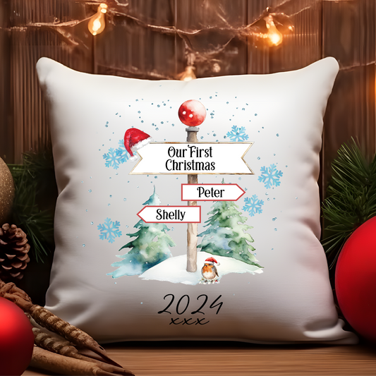 Personalised Christmas North Pole Family - 2 Names - Cushion Cover Gift