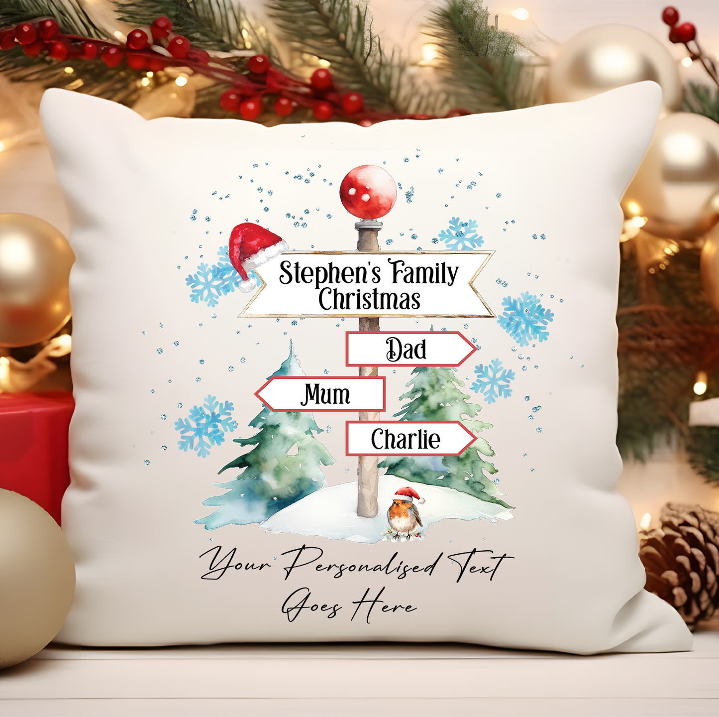 Personalised Christmas North Pole Family - 3 Names - Cushion Cover Gift