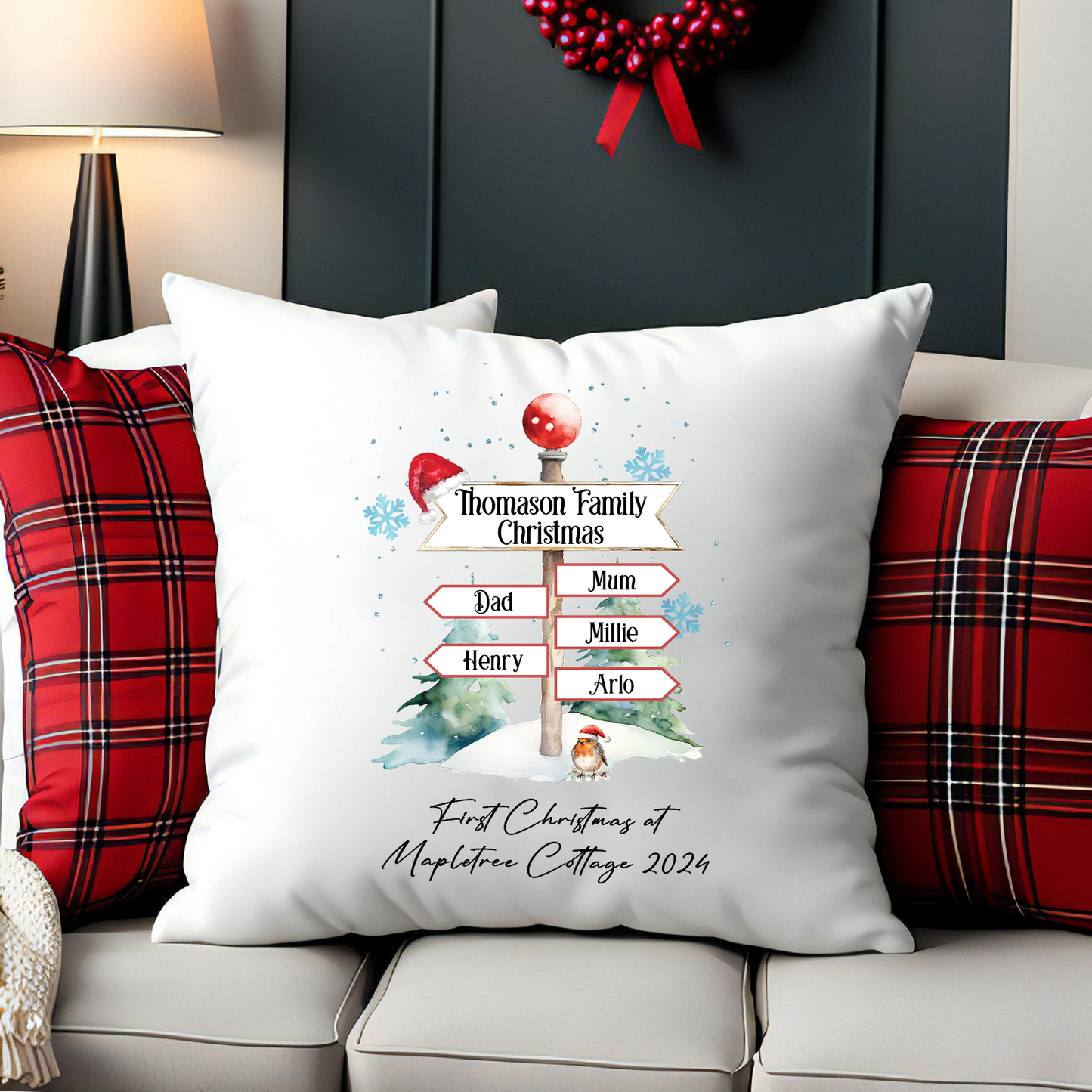 Personalised Christmas North Pole Family - 5 Names - Cushion Cover Gift