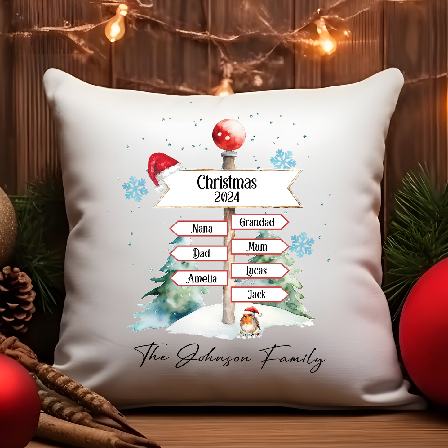 Personalised Christmas North Pole Family - 7 Names - Cushion Cover Gift