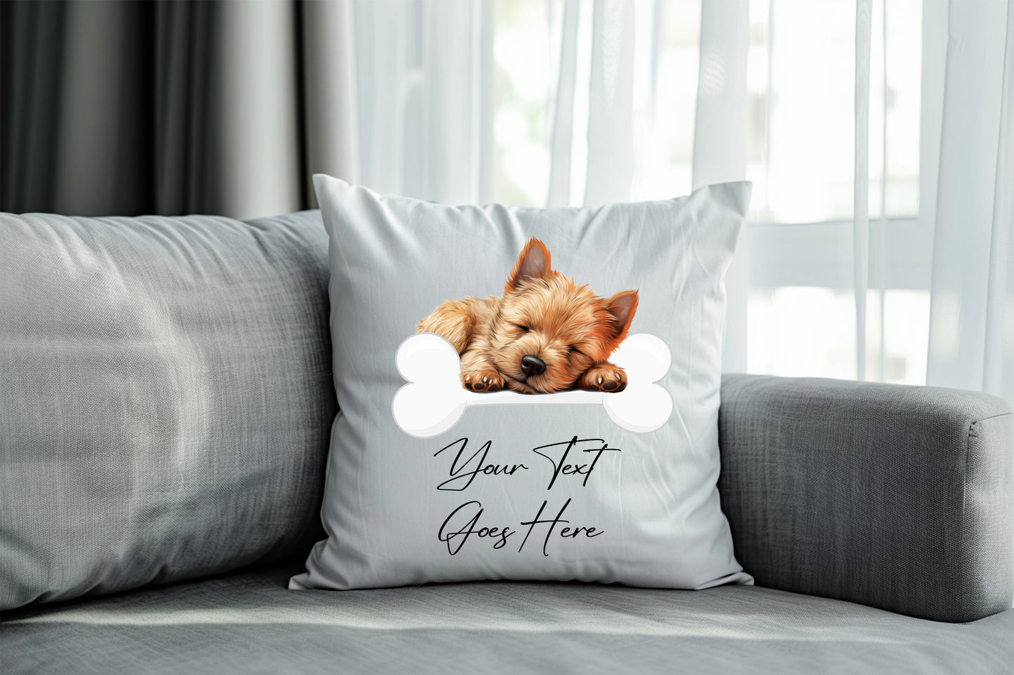 Personalised Norwich Terrier sleeping on a bone Pet Dog Keepsake Gift Cushion, by Floppsie Moppsie – floppsiemoppsie at floppsiemoppsie.co.uk