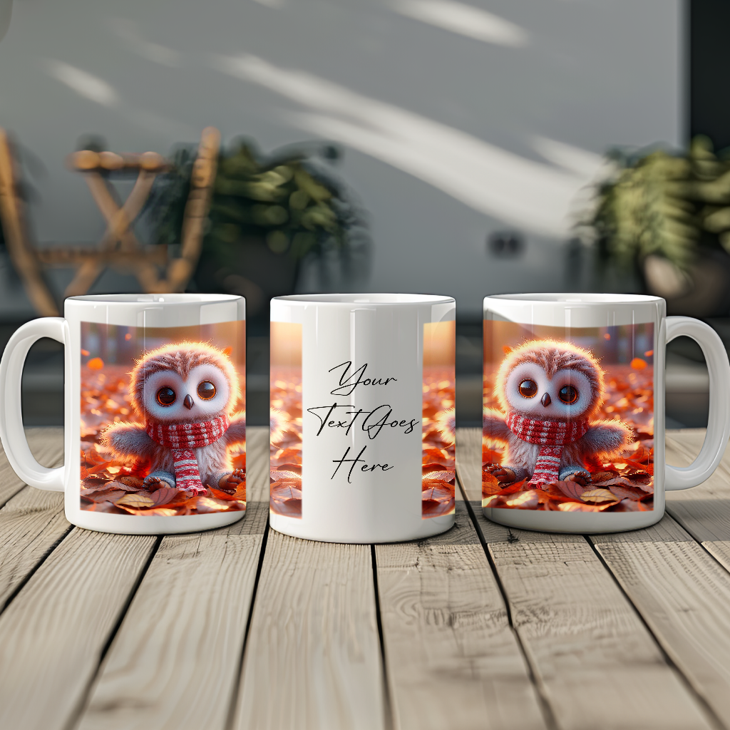 Personalised Cute Owl Playing in Autumn Leaves - Keepsake Gift Mug, by Floppsie Moppsie – floppsiemoppsie at floppsiemoppsie.co.uk