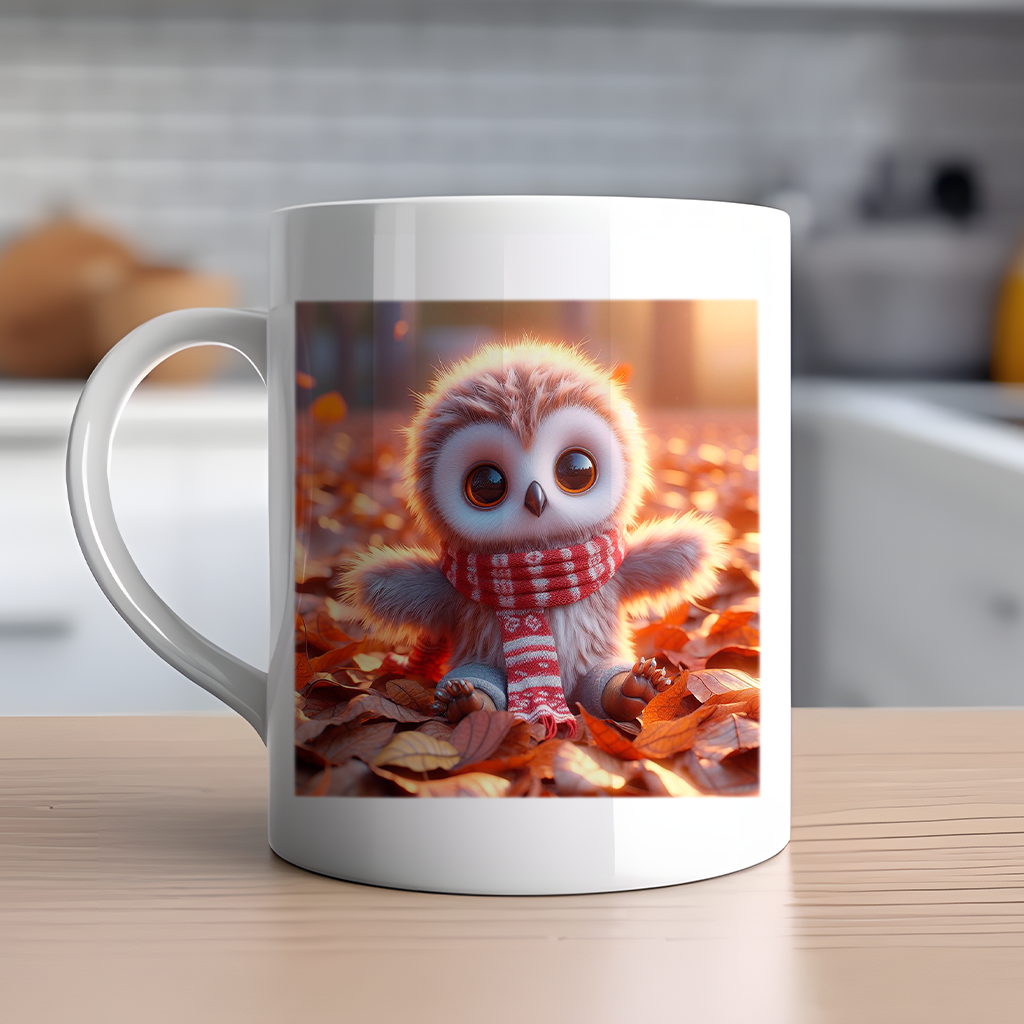 Personalised Cute Owl Playing in Autumn Leaves - Keepsake Gift Mug, by Floppsie Moppsie – floppsiemoppsie at floppsiemoppsie.co.uk