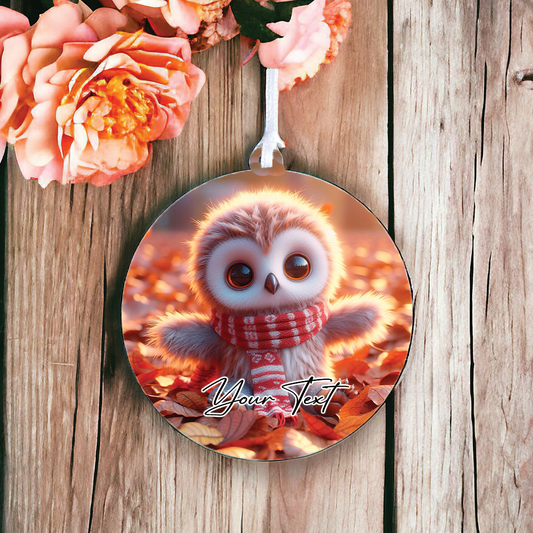 Cute Personalised Owl playing in the autumn leaves - Keepsake Gift Hanging Decoration, by Floppsie Moppsie – floppsiemoppsie at floppsiemoppsie.co.uk