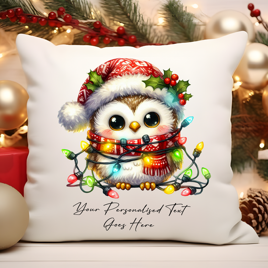 Personalised Owl Wrapped in Christmas Lights Cushion Cover Gift - Style A