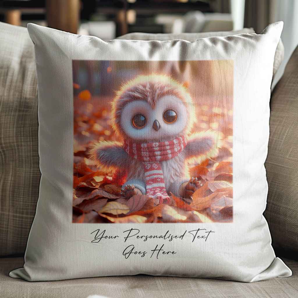 Personalised Cute Owl Playing in Autumn Leaves - Keepsake Gift Cushion, by Floppsie Moppsie – floppsiemoppsie at floppsiemoppsie.co.uk