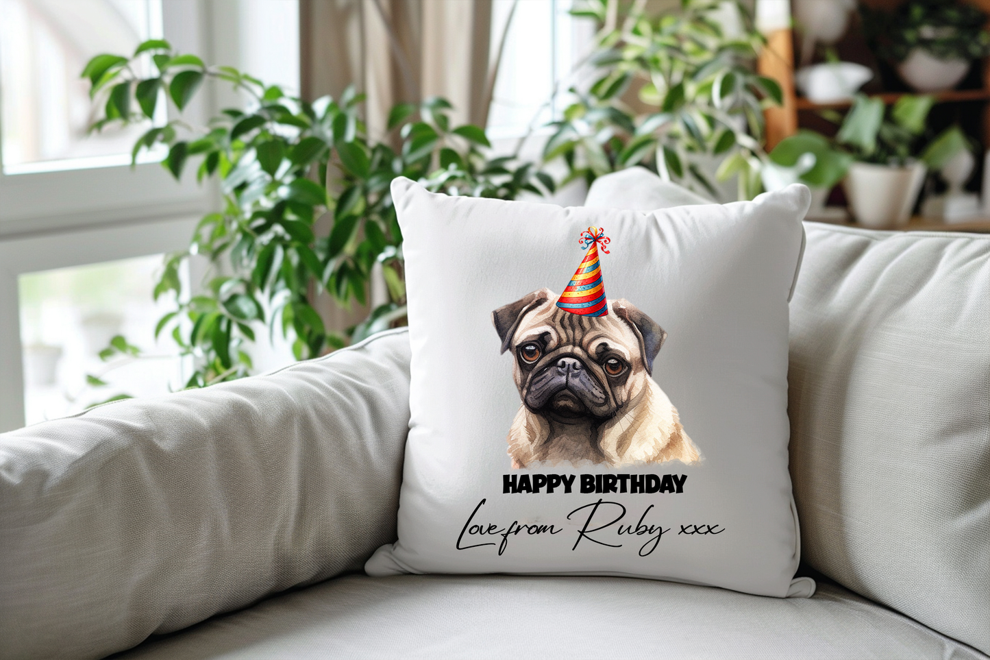 Pug Dog Personalised Birthday Congratulations Pet Keepsake Cushion Gift