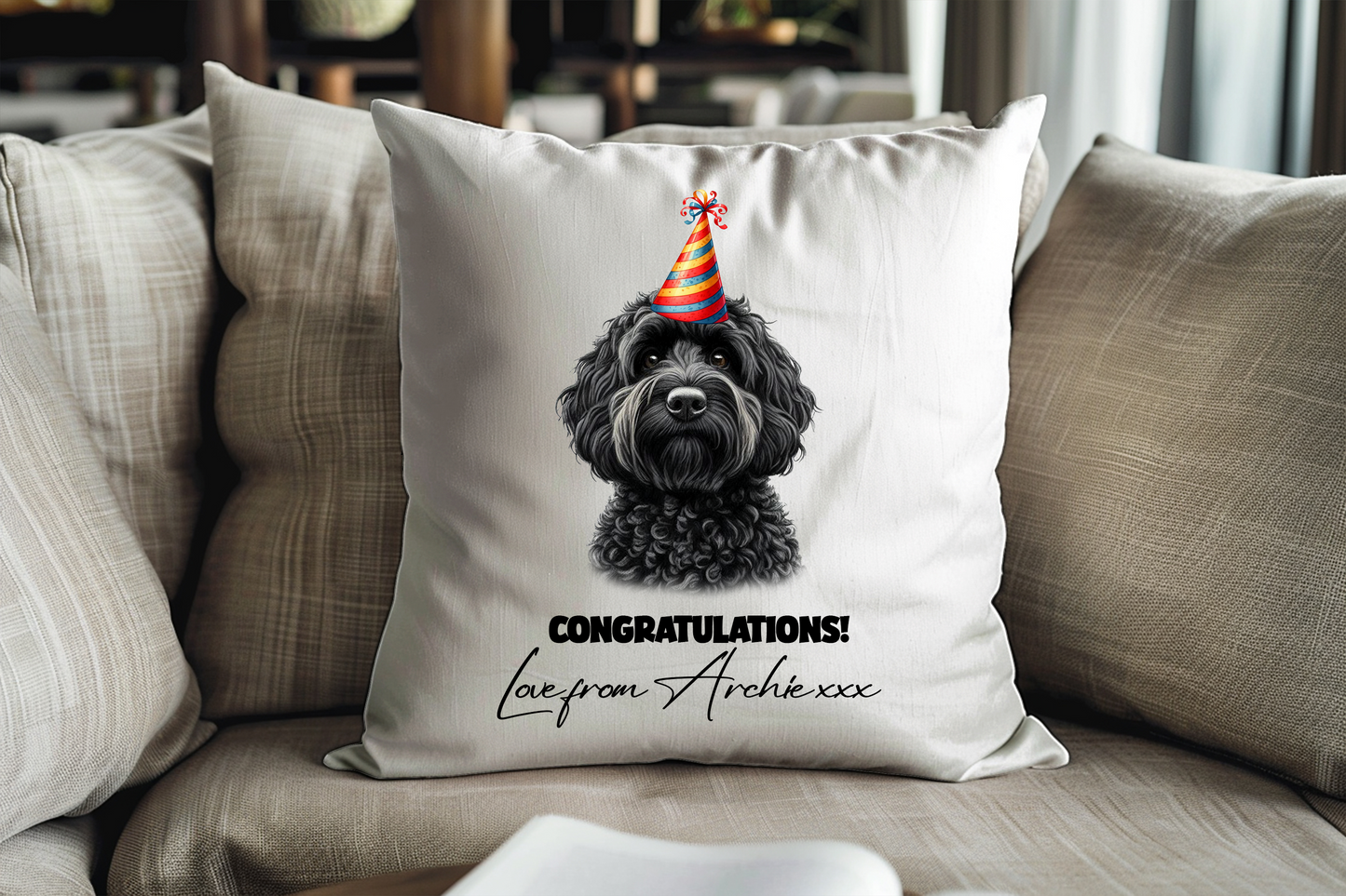 Black Cockapoo Birthday Congratulations Pet Cushion Gift