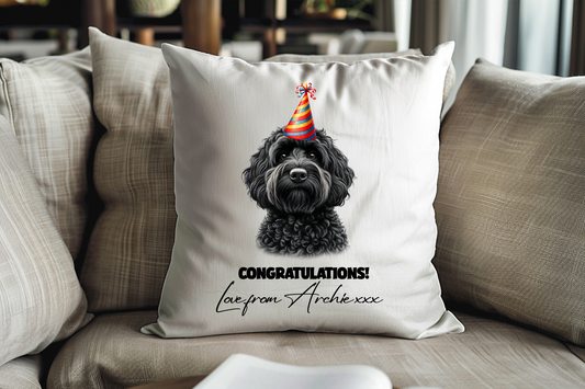 Black Cockapoo Birthday Congratulations Pet Cushion Gift