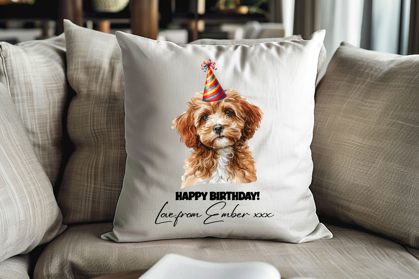 Personalised Cavapoo Birthday Party Congratulations Cushion Pet Keepsake Gift