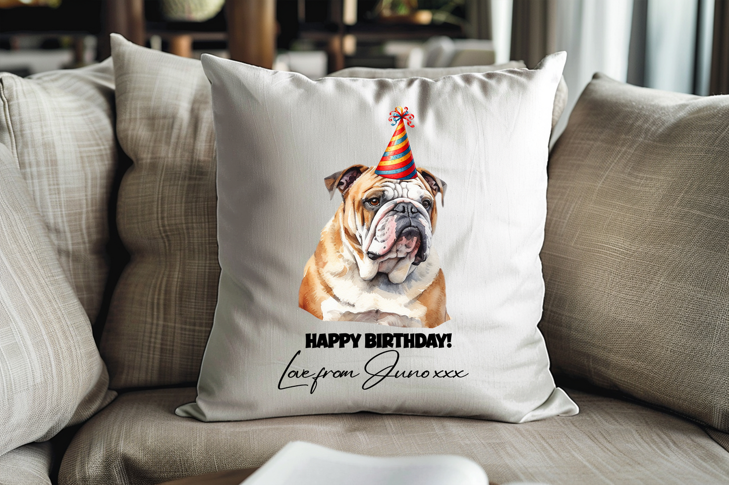 Personalised Bulldog Birthday Party Congratulations Cushion Pet Keepsake Gift