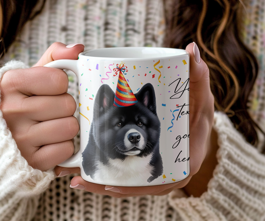 Personalised Dog Gift Mug - Black and White Akita with Birthday Congratulations Party Hat