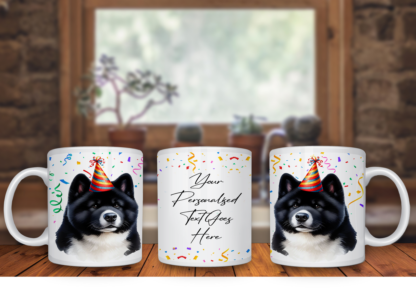 Personalised Dog Gift Mug - Black and White Akita with Birthday Congratulations Party Hat