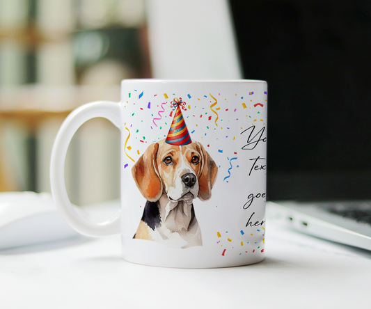 Personalised Dog Gift Mug - Beagle with Birthday Congratulations Party Hat