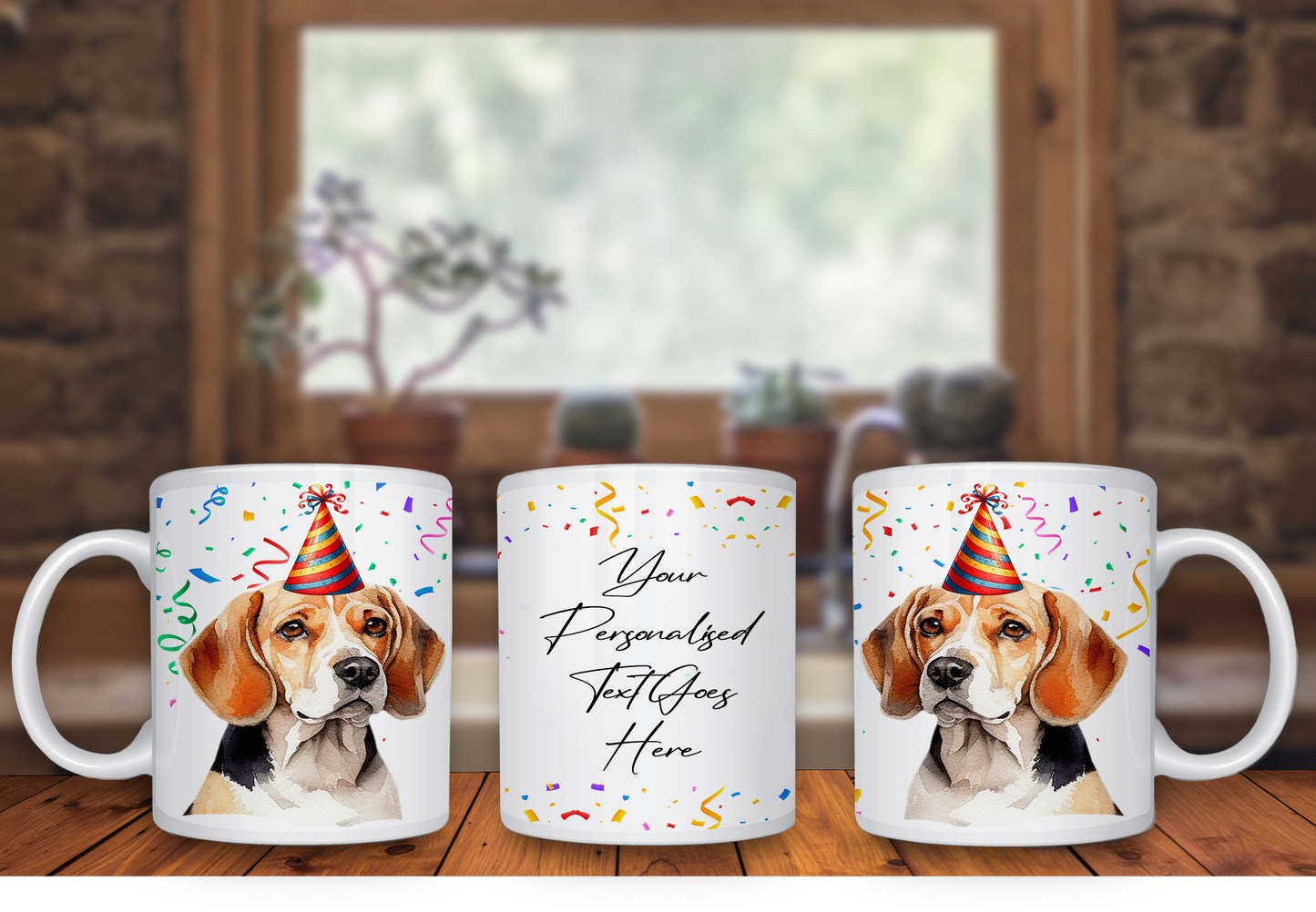 Personalised Dog Gift Mug - Beagle with Birthday Congratulations Party Hat