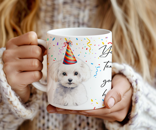 Personalised Dog Gift Mug - Bichon Frise with Birthday Congratulations Party Hat