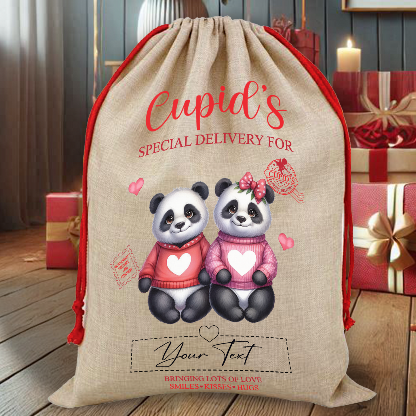 Personalised Animal Couple Love Heart Valentine Anniversary Gift Sack - Panda