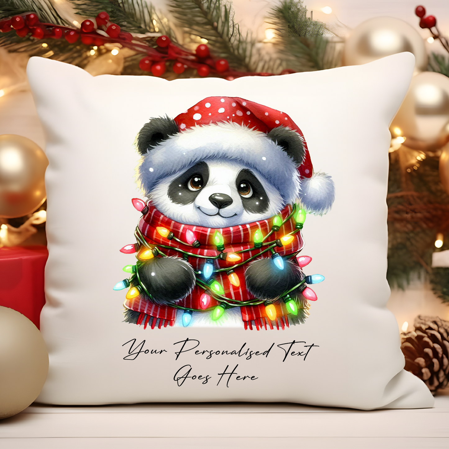 Personalised Panda Wrapped in Christmas Lights Cushion Cover Gift - Style C