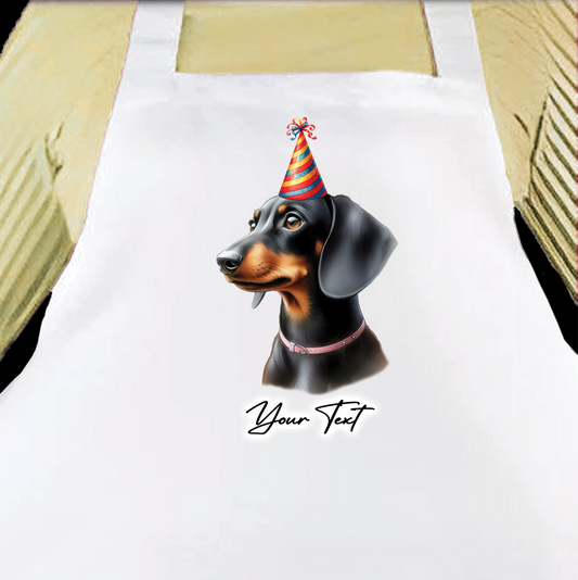 Personalised Dog Birthday Party Hat Cooking Apron - Black and Tan Dachshund