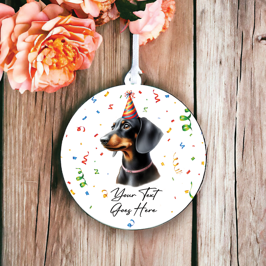 Personalised Pet Dog Birthday Party celebration – Black and Tan Dachshund - Keepsake Gift, by Floppsie Moppsie – floppsiemoppsie at floppsiemoppsie.co.uk