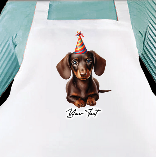 Personalised Dog Birthday Party Hat Cooking Apron - Chocolate Dachshund