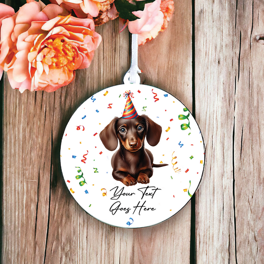 Personalised Pet Dog Birthday Party celebration – Chocolate Dachshund - Keepsake Gift, by Floppsie Moppsie – floppsiemoppsie at floppsiemoppsie.co.uk