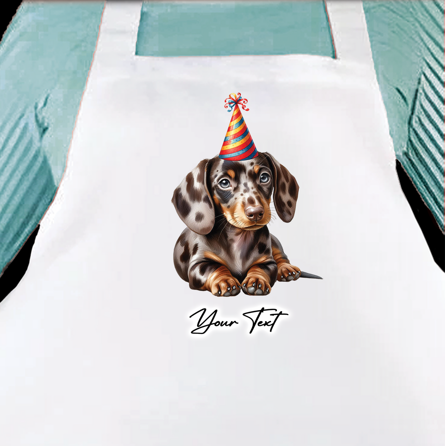 Personalised Dog Birthday Party Hat Cooking Apron - Chocolate Dachshund