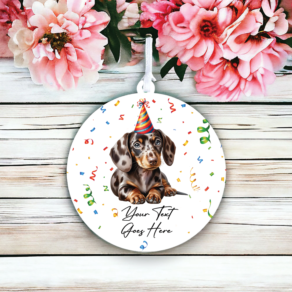 Personalised Pet Dog Birthday Party celebration – Dappled Chocolate Dachshund - Keepsake Gift, by Floppsie Moppsie – floppsiemoppsie at floppsiemoppsie.co.uk