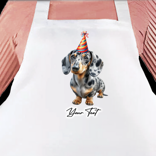 Personalised Dog Birthday Party Hat Cooking Apron - Dappled Silver Dachshund