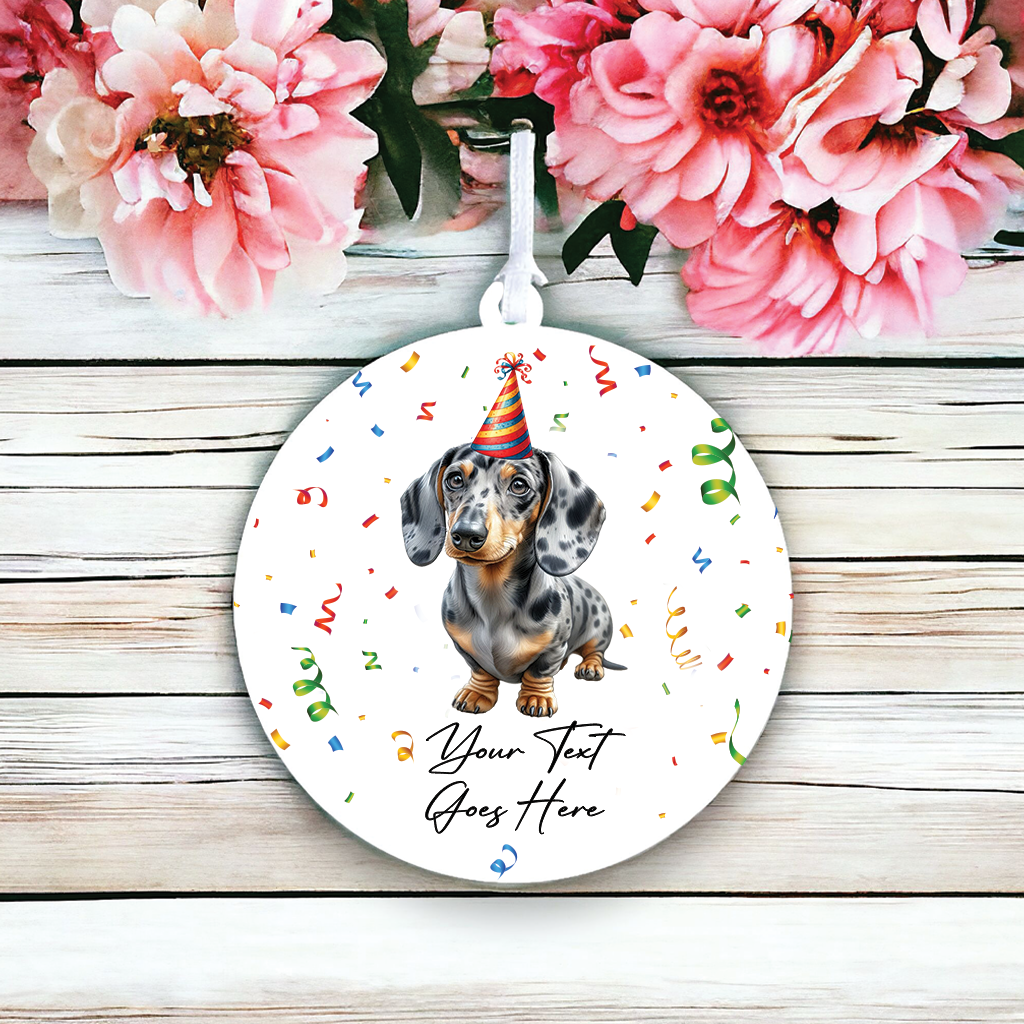 Personalised Pet Dog Birthday Party celebration – Dappled Silver Dachshund - Keepsake Gift, by Floppsie Moppsie – floppsiemoppsie at floppsiemoppsie.co.uk