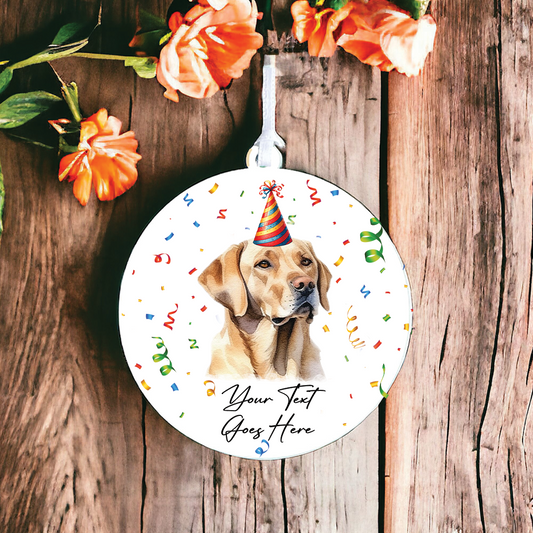 Personalised Pet Dog Birthday Party celebration – Labrador Retriever – Hanging Bauble Decoration Keepsake Gift, by Floppsie Moppsie – floppsiemoppsie at floppsiemoppsie.co.uk