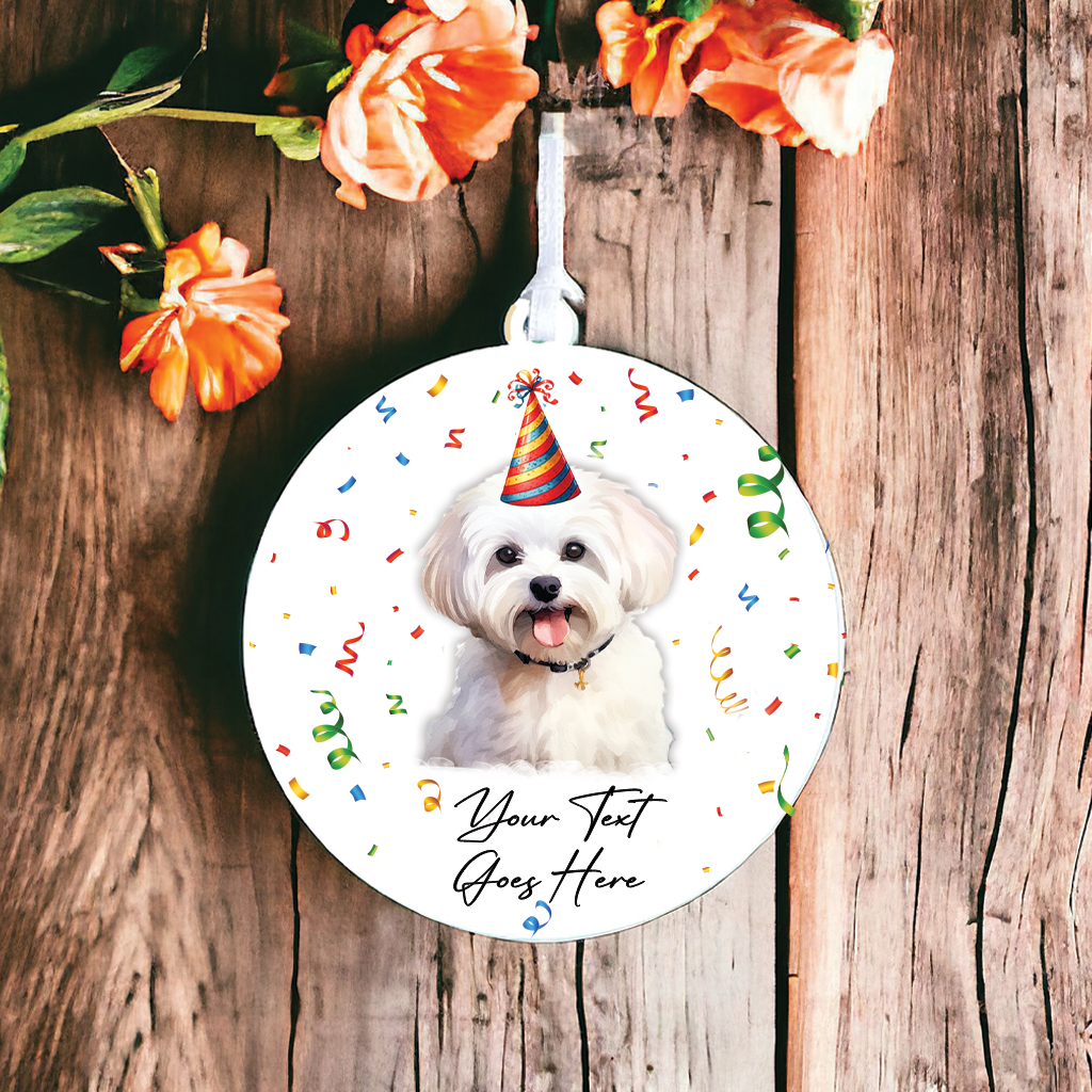 Personalised Pet Dog Birthday Party celebration – Maltese – Hanging Bauble Decoration Keepsake Gift, by Floppsie Moppsie – floppsiemoppsie at floppsiemoppsie.co.uk