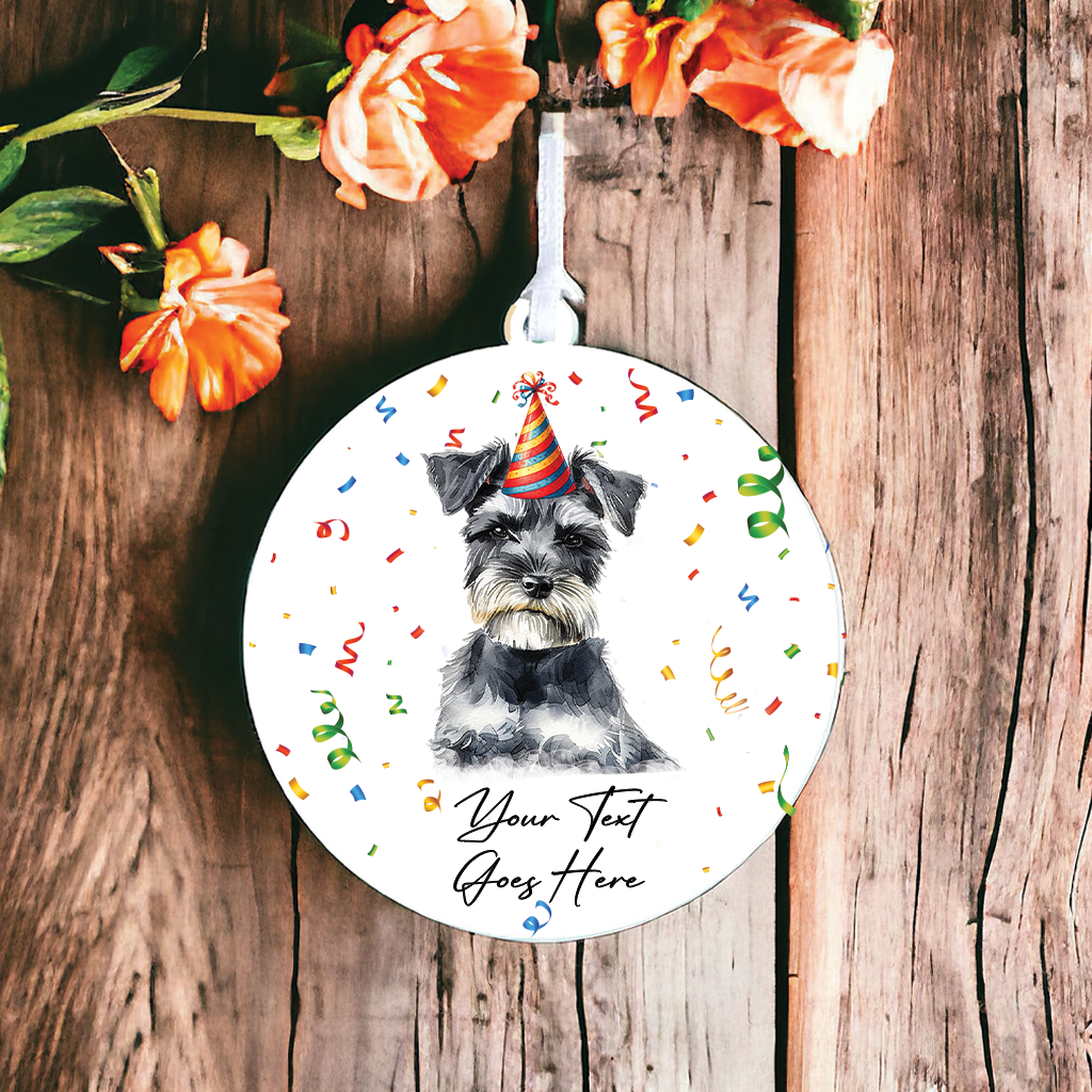 Personalised Pet Dog Birthday Party celebration – Miniature Schnauzer – Hanging Bauble Decoration Keepsake Gift, by Floppsie Moppsie – floppsiemoppsie at floppsiemoppsie.co.uk