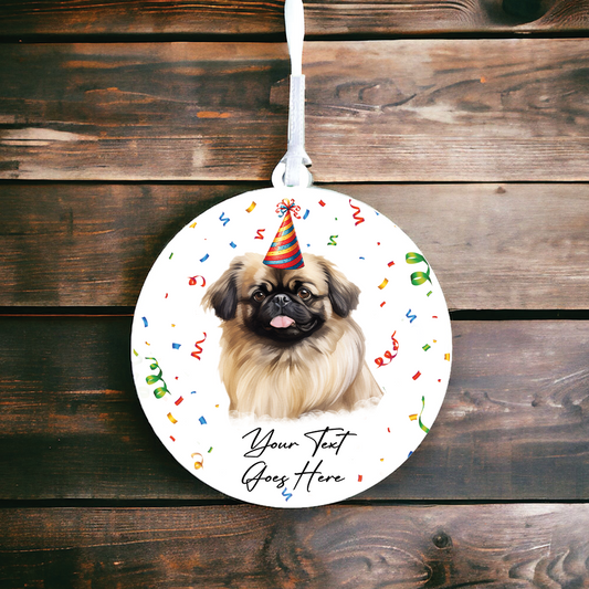 Personalised Pet Dog Birthday Party celebration – Pekingese – Hanging Bauble Decoration Keepsake Gift, by Floppsie Moppsie – floppsiemoppsie at floppsiemoppsie.co.uk