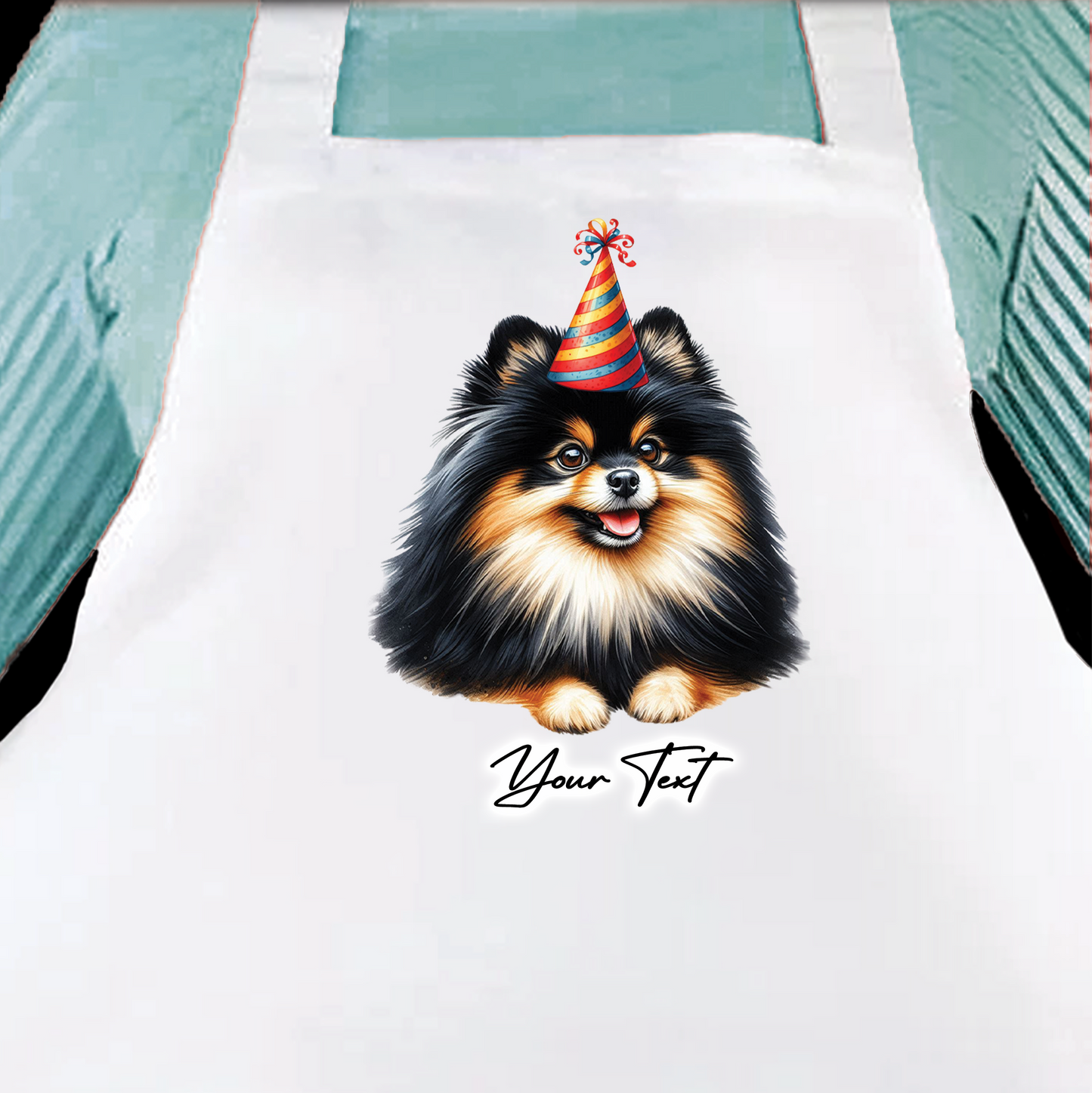 Personalised Dog Birthday Party Hat Cooking Apron - Black and Tan Pomeranian