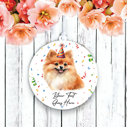 Personalised Pet Dog Birthday Party celebration – Pomeranian – Hanging Bauble Decoration Keepsake Gift, by Floppsie Moppsie – floppsiemoppsie at floppsiemoppsie.co.uk