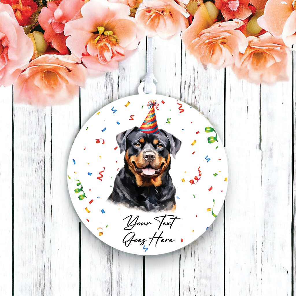 Personalised Pet Dog Birthday Party celebration – Rottweiler – Hanging Bauble Decoration Keepsake Gift, by Floppsie Moppsie – floppsiemoppsie at floppsiemoppsie.co.uk