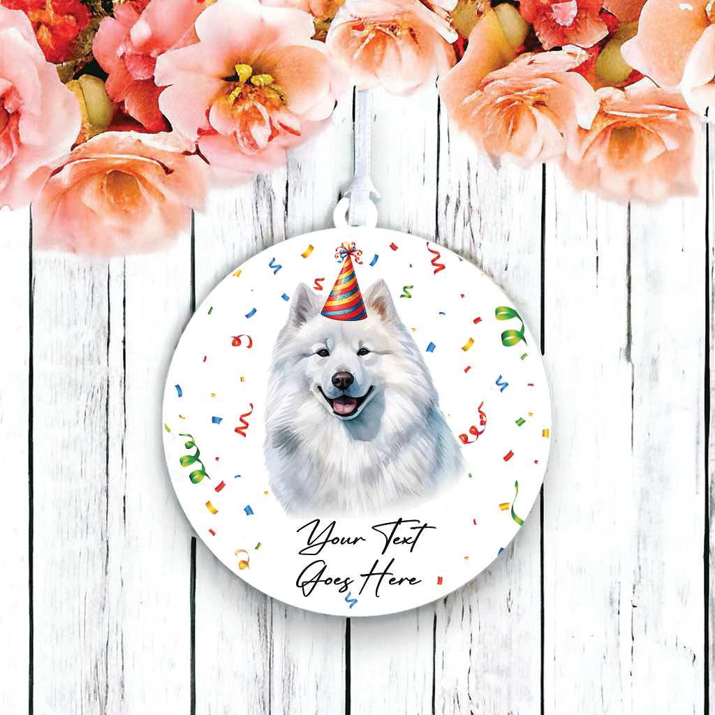 Personalised Pet Dog Birthday Party celebration – Samoyed – Hanging Bauble Decoration Keepsake Gift, by Floppsie Moppsie – floppsiemoppsie at floppsiemoppsie.co.uk