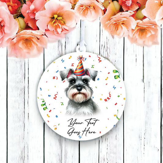 Personalised Pet Dog Birthday Party celebration – Schnauzer – Hanging Bauble Decoration Keepsake Gift, by Floppsie Moppsie – floppsiemoppsie at floppsiemoppsie.co.uk