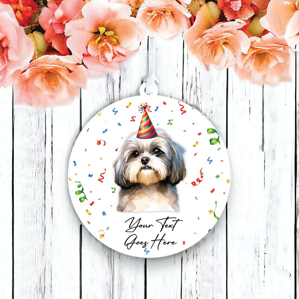 Personalised Pet Dog Birthday Party celebration – Shih Tzu – Hanging Bauble Decoration Keepsake Gift, by Floppsie Moppsie – floppsiemoppsie at floppsiemoppsie.co.uk