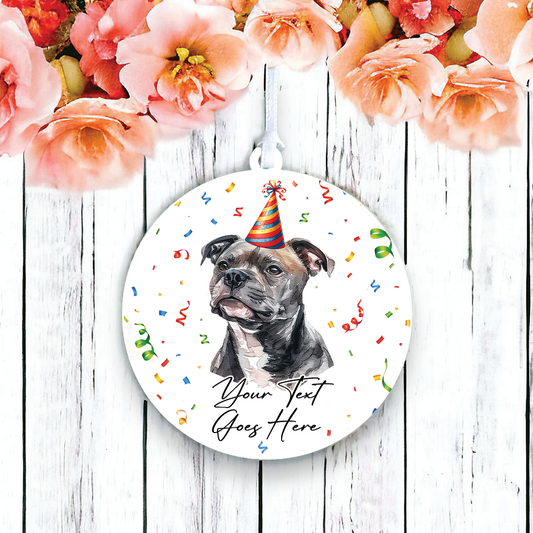 Personalised Pet Dog Birthday Party celebration – Staffordshire Bull Terrier – Hanging Bauble Decoration Keepsake Gift, by Floppsie Moppsie – floppsiemoppsie at floppsiemoppsie.co.uk