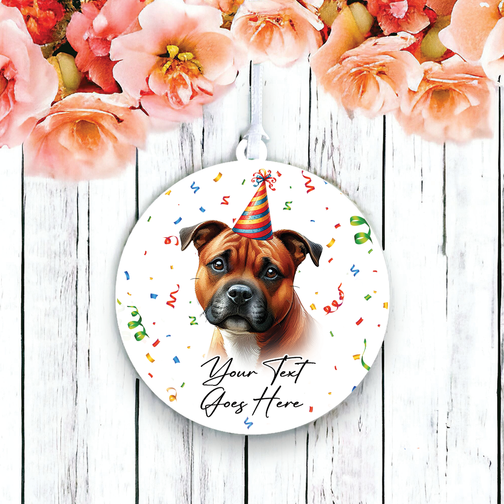 Personalised Pet Dog Birthday Party celebration – Red Staffordshire Bull Terrier – Hanging Bauble Decoration Keepsake Gift, by Floppsie Moppsie – floppsiemoppsie at floppsiemoppsie.co.uk