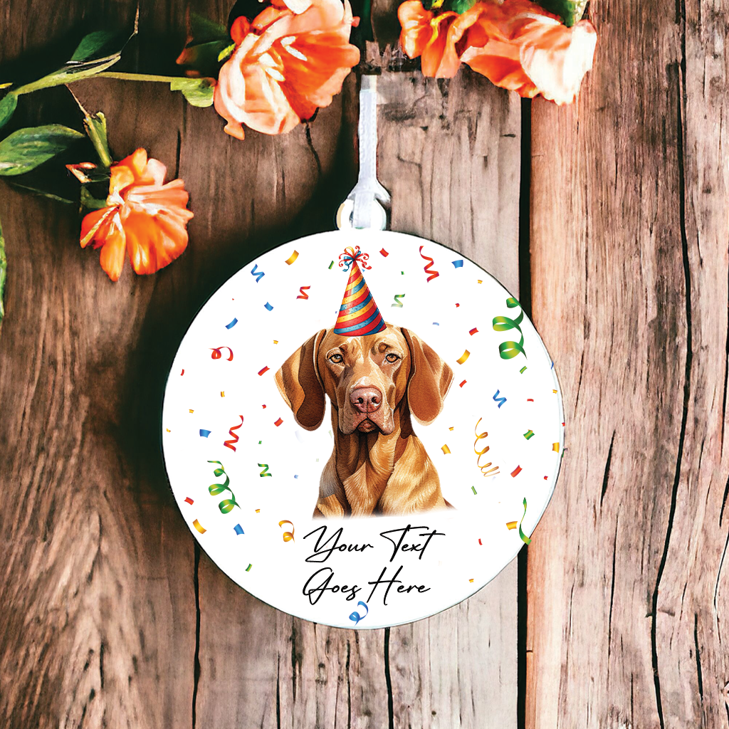 Personalised Pet Dog Birthday Party celebration – Vizsla – Hanging Bauble Decoration Keepsake Gift, by Floppsie Moppsie – floppsiemoppsie at floppsiemoppsie.co.uk