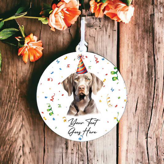 Personalised Pet Dog Birthday Party celebration – Weimaraner – Hanging Bauble Decoration Keepsake Gift, by Floppsie Moppsie – floppsiemoppsie at floppsiemoppsie.co.uk