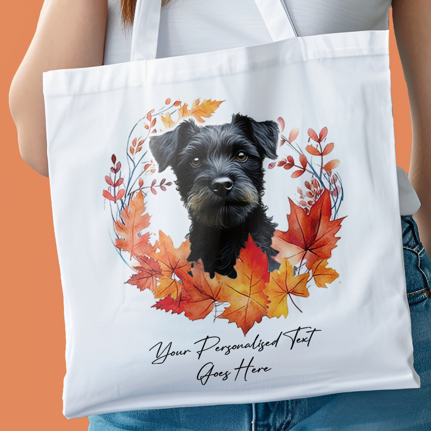 Personalised Dog Autumn Wreath Black Patterdale Tote Bag