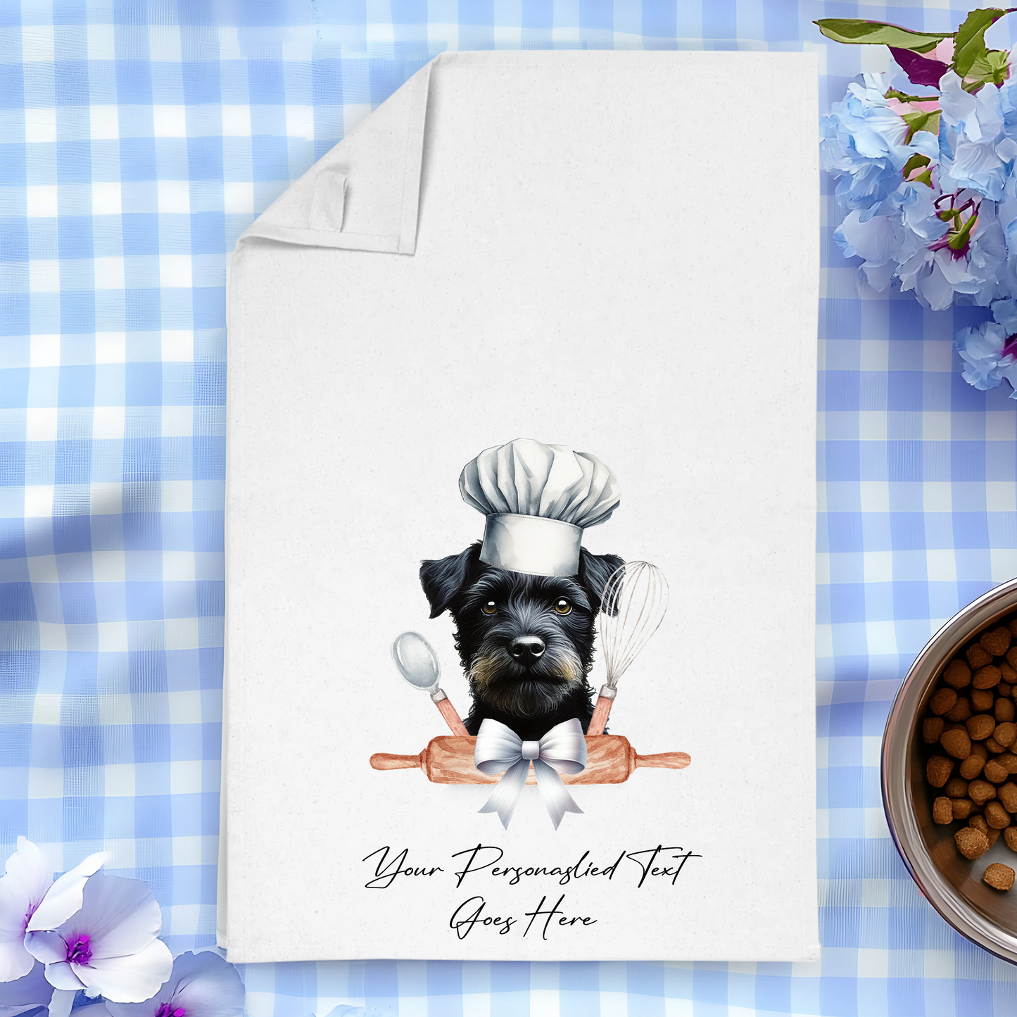 Personalised Dog In Chef Hat Gift Tea Towel - Black Patterdale