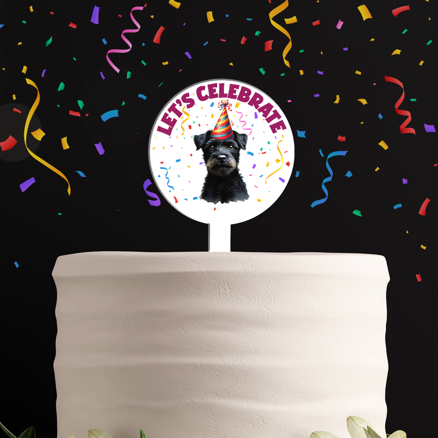 Personalised Dog Party Hat Cake Topper - Black Patterdale